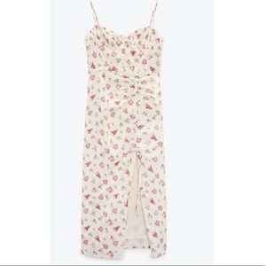 Floral Linen Blend Midi Dress with ruched slit